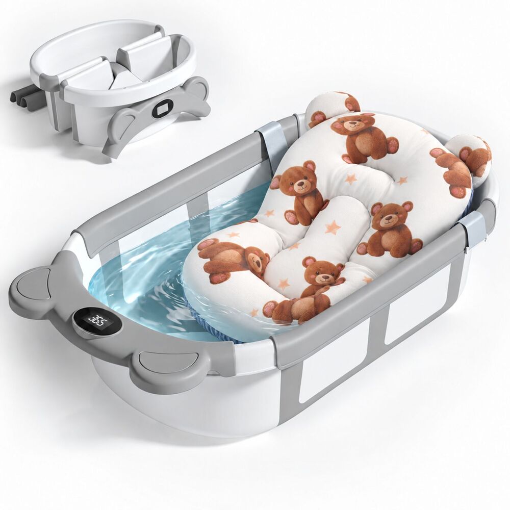 New Collapsible Baby Bathtub w/ Thermometer & Cushion Grey 0-36M